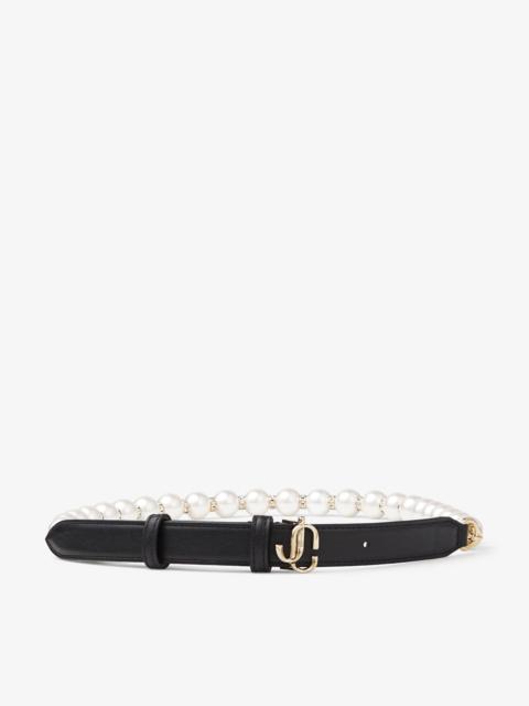 JIMMY CHOO JC Chain
Black Leather Waist Belt with Pearls, Crystals and Gold JC Emblem