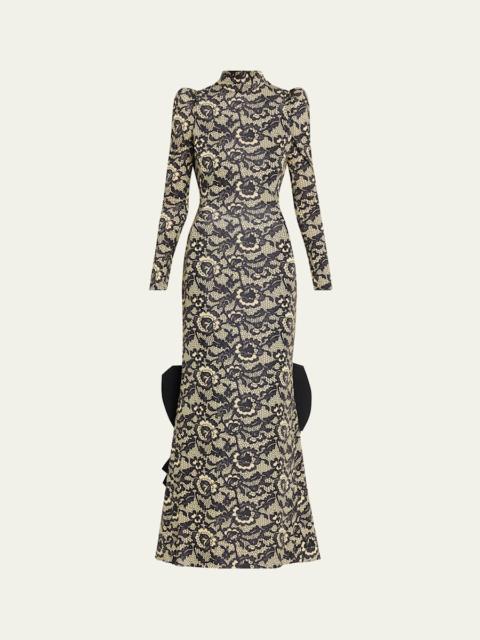 Marc Jacobs Lace-Print Sculptural Long-Sleeve Bow Trumpet Gown