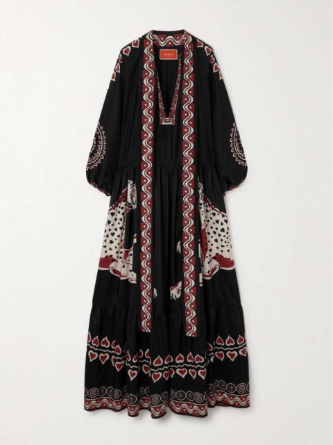 La DoubleJ Athena pussy-bow tiered printed silk maxi dress