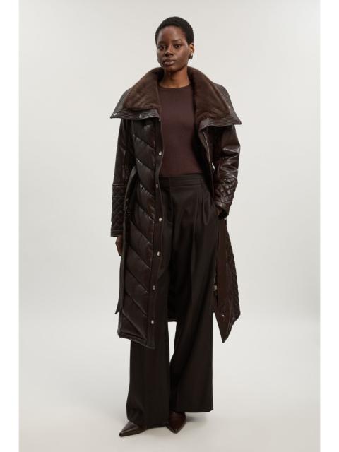 KAREN MILLEN Padded Faux Leather & Faux Fur Mix Midi Coat