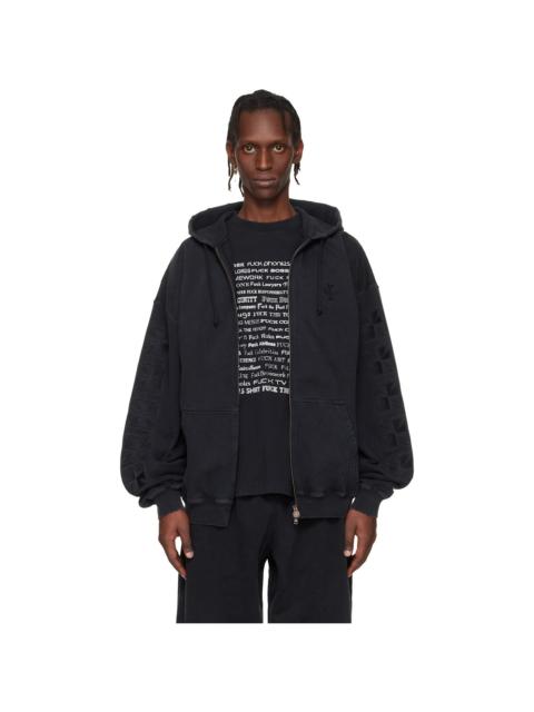 Black Embroidered Biker Cross Sleeves Zip-Up Hoodie