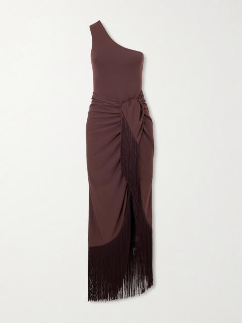 Taller Marmo Rhodes One-shoulder Swimsuit And Fringed Pareo Set