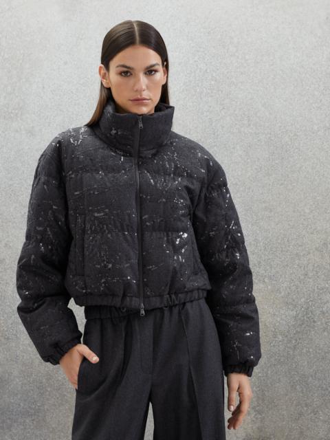 Virgin wool flannel down jacket with dazzling leaf embroidery