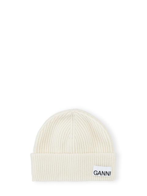 WHITE FITTED WOOL RIB KNIT BEANIE