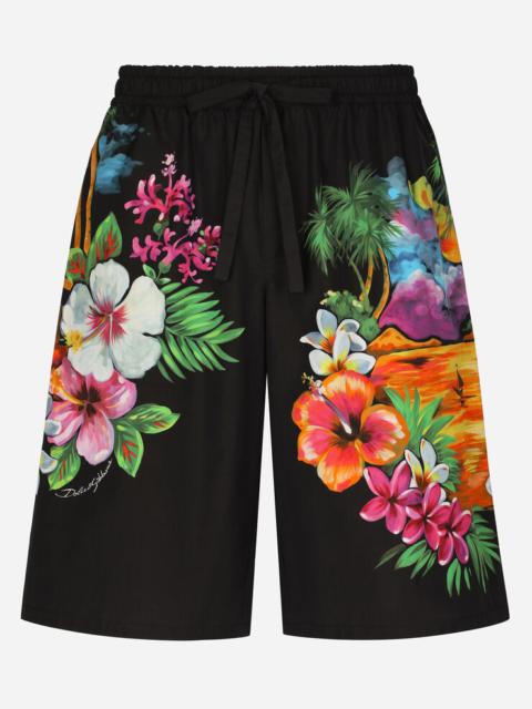 Dolce & Gabbana Cotton jogging shorts with Hawaiian print
