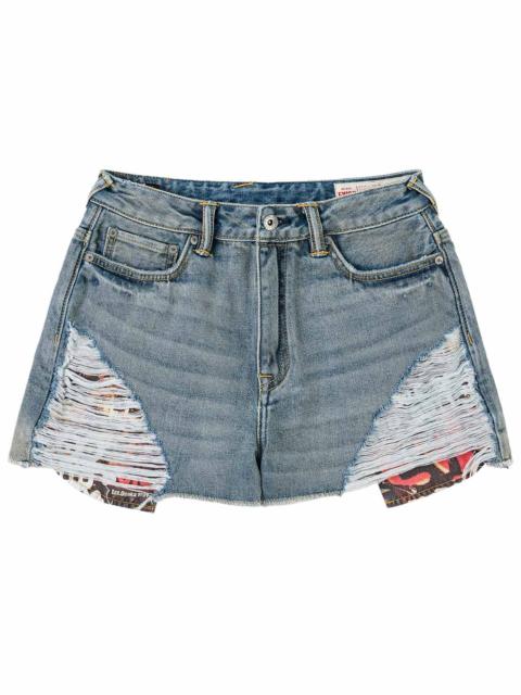 EVISU Distressed Denim Shorts with Printed Pocket Lining