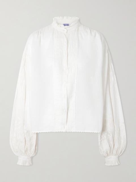 Thierry Colson Slava Ruched Pleated Embroidered Cotton-voile Shirt