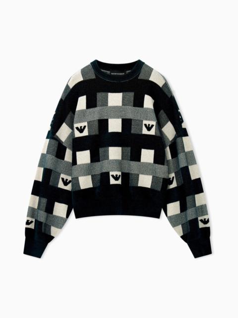 EMPORIO ARMANI CREW NECK PULLOVER WITH CHECKERED INLAY GRAPHIC AND LOGO