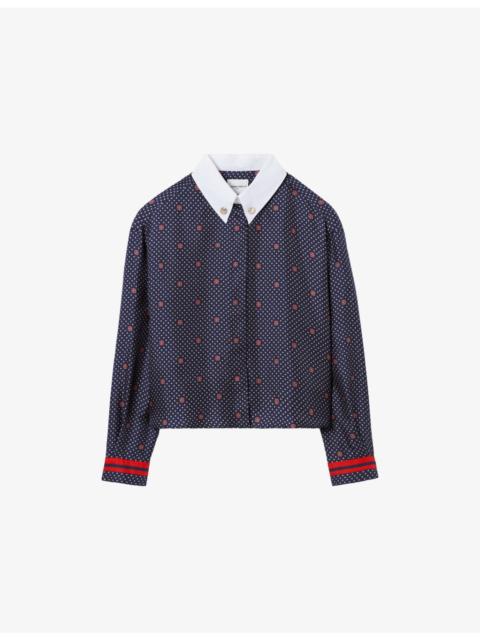 Claudie Pierlot Polka-Dot Contrast-Collar Silk Shirt