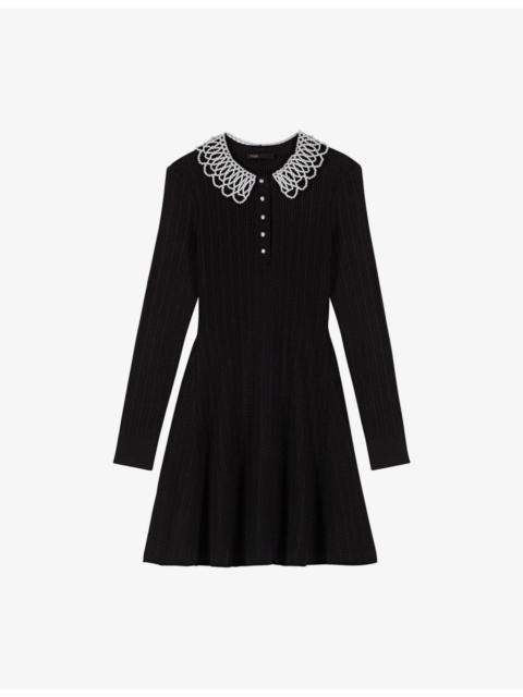 Short Beaded-Collar Stretch-Knit Mini Dress