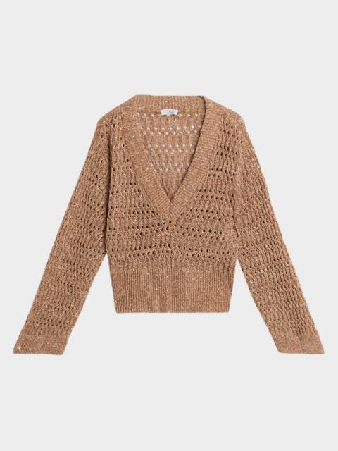 Brunello Cucinelli Openwork Braided Paillette Linen V-Neck Sweater