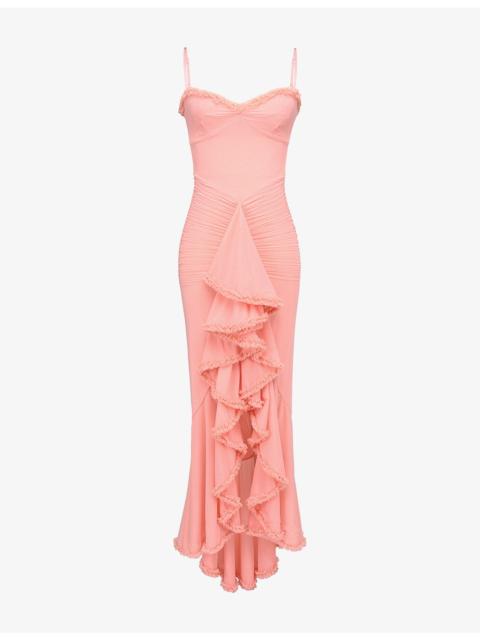 House of CB Gabbi Ruffled-Front Slim-Fit Stretch-Mesh Maxi Dress