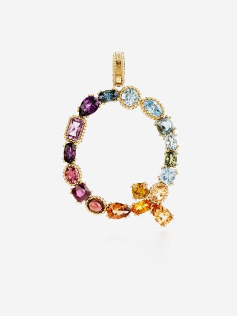 Rainbow alphabet Q 18 kt yellow gold charm with multicolor fine gems