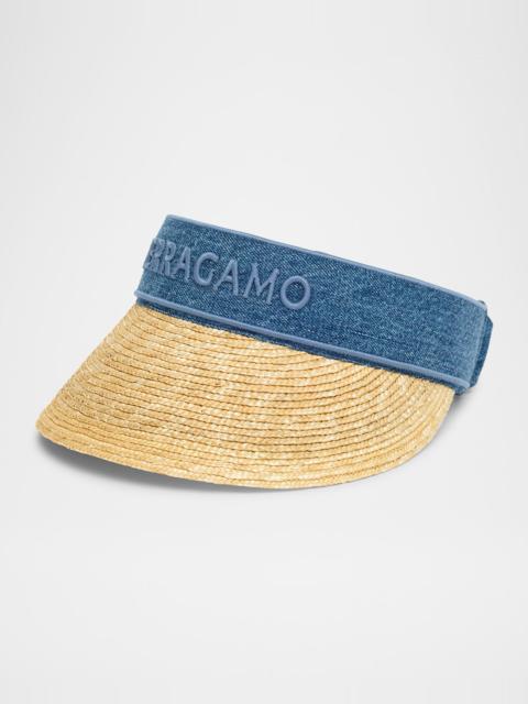 FERRAGAMO Straw Visor With Denim Logo Band