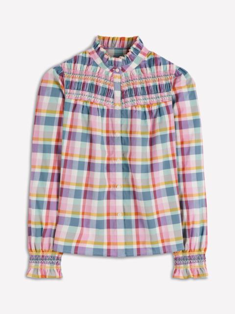 BODEN Esme Smocked Detail Frill Top-Multi Check