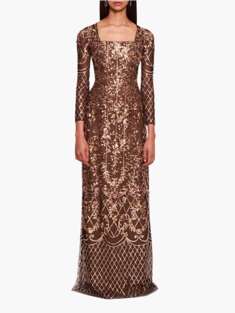 Marchesa SEQUIN LATTICE SLEEVED GOWN