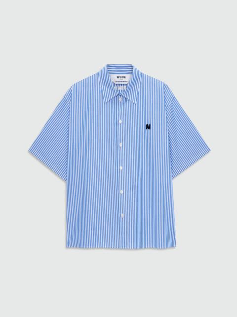 MSGM Light blue striped cotton poplin short-sleeve shirt with classic collar and front patch