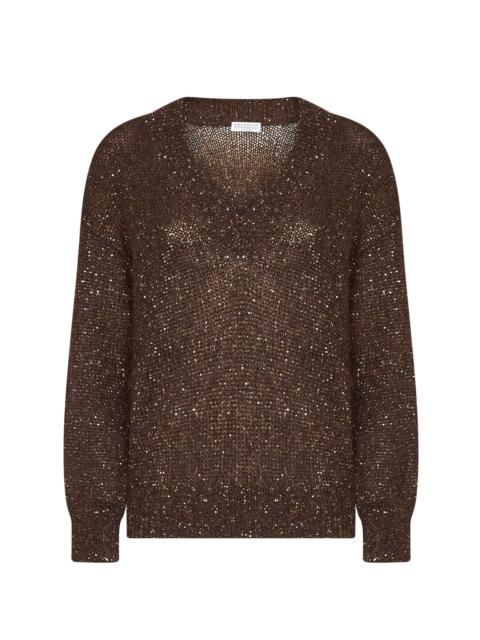 Brunello Cucinelli Dark chocolate Dazzling half-Engligh rib sticth cotton knit sweater