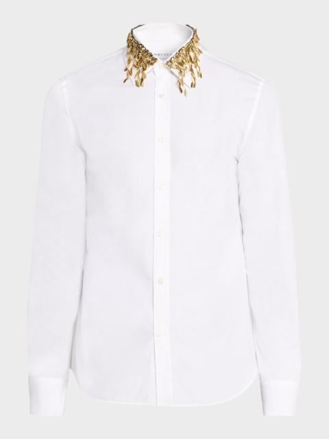 Alexander McQueen Men's Metal Leaves and Crystal-Embellished Collar Poplin Dress Shirt