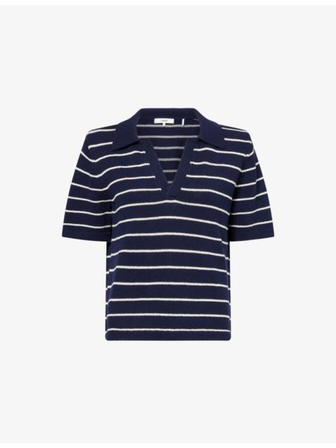 FRAME The Striped Cotton-Blend Polo Top