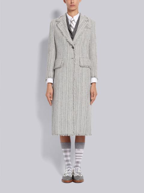 Thom Browne Light Grey Woven Cotton Tweed Frayed Wide Lapel Overcoat