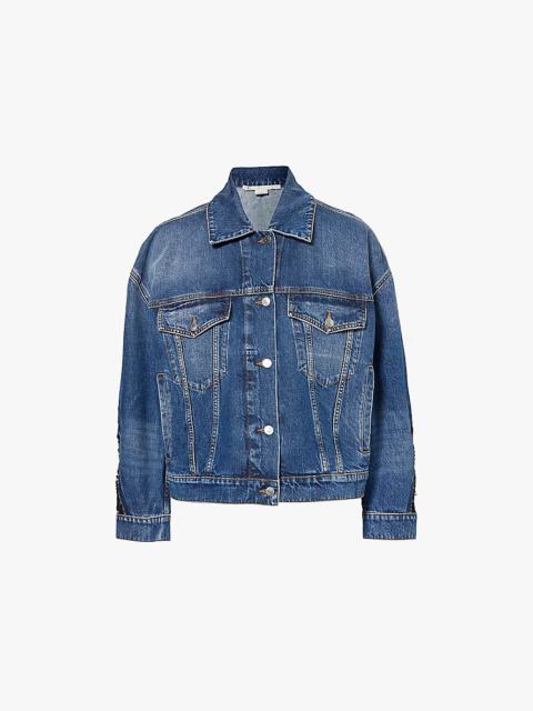 Lace-embellished relaxed-fit mid-wash denim jacket