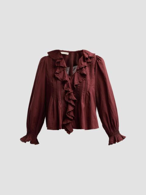 DÔEN Women's Hardy Pintuck Cotton Ruffle V-Neck Blouse - Dahlia