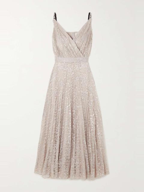 Dorinda embellished metallic Chantilly lace midi dress