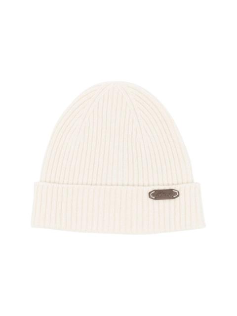 Brioni logo-patch ribbed-knit beanie