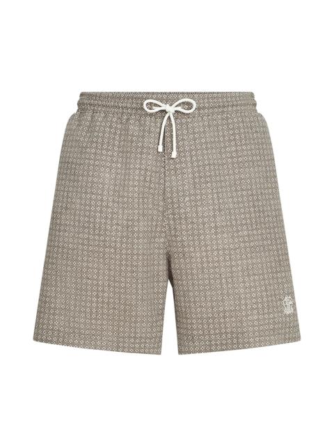Brunello Cucinelli Men's Flower Print Nylon Swim Shorts - Brown