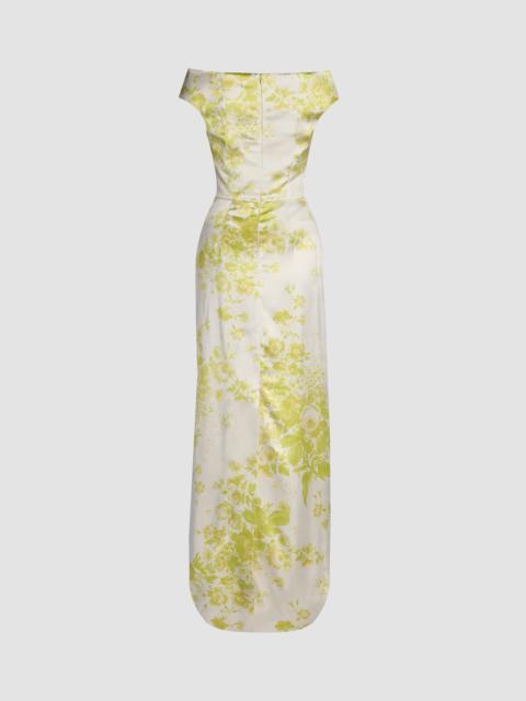 Erdem FLORAL PRINT DUCHESS SLASHED NECKLINE GOWN