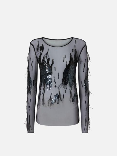 PINKO SHEER SWEATER WITH SEQUINS AND FEATHERS