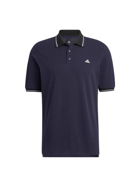 Men's adidas Alphabet Logo Embroidered Stripe Buckle Short Sleeve Legendary Ink Blue Polo Shirt HS43