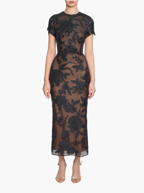 Marchesa LEATHER GUIPURE SHEATH MAXI DRESS