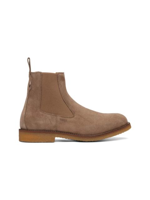BOSS Beige Suede Signature-Stripe Stitching Chelsea Boots