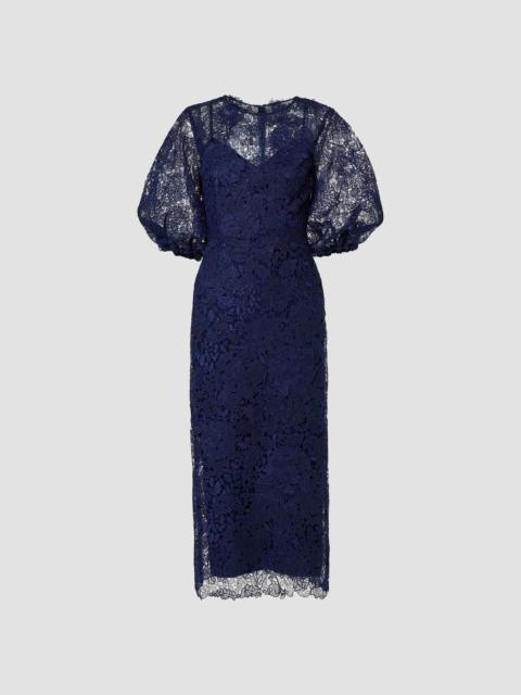 CAROLINA HERRERA Women's Lace Balloon-Sleeve Belted Midi Pencil Dress - Midnight