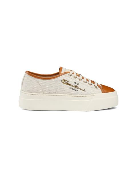 Women's brown canvas and leather platform sneaker
