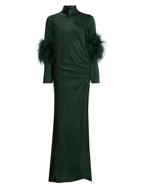 LAPOINTE Women's Double-Faced Satin Feather-Trimmed Gown - Forest Green