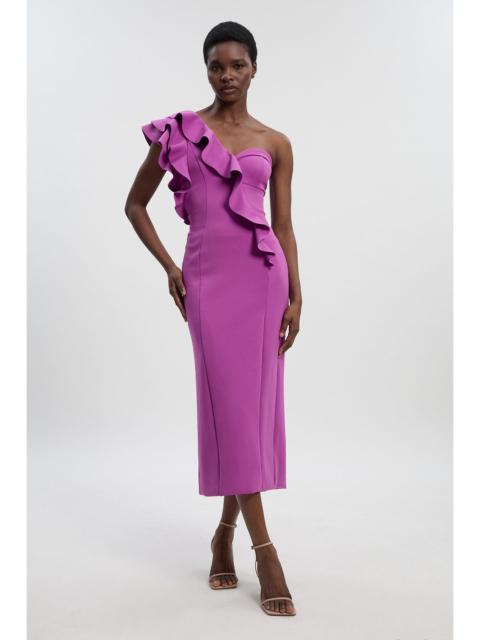 KAREN MILLEN Scuba Draped Ruffle Woven Midi Dress