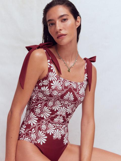 BODEN Bow Tie Shoulder Swimsuit-Maroon, Botanical Charm
