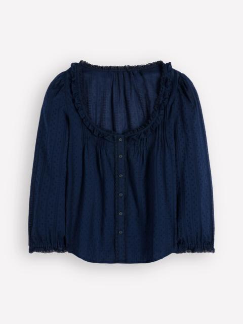 BODEN Scoop Neck Ruffle Top-Navy