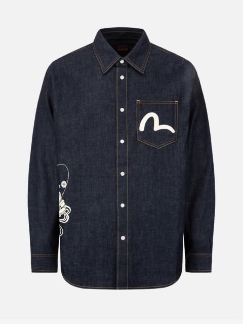 EVISU “THE FISHERMAN GOD OF FORTUNE” PRINT DENIM SHIRT