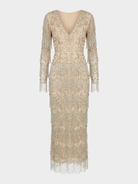 MAC DUGGAL Fringed Crystal-Embellished Maxi Dress