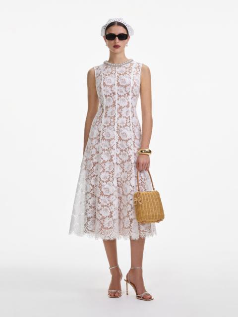White Fine Lace Pearl Midi Dress