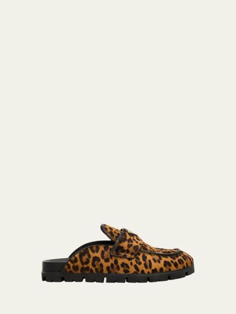 Prada Leopard Calf Hair Triangle Logo Mules