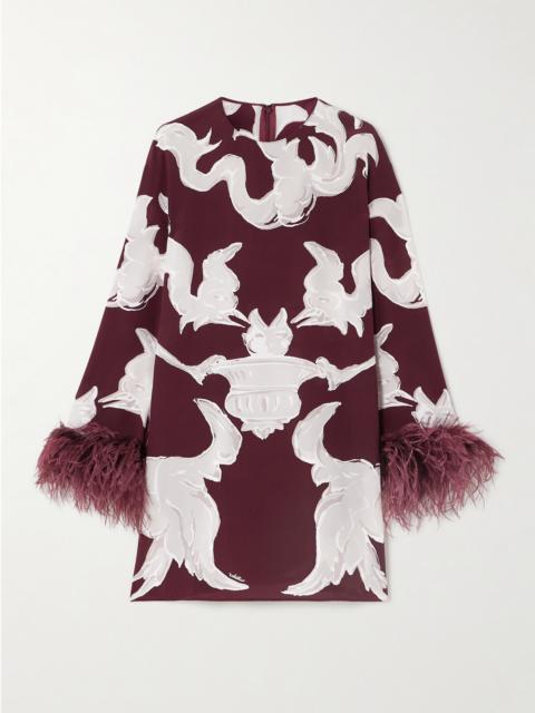 Valentino Feather-trimmed Printed Silk Crepe De Chine Mini Dress