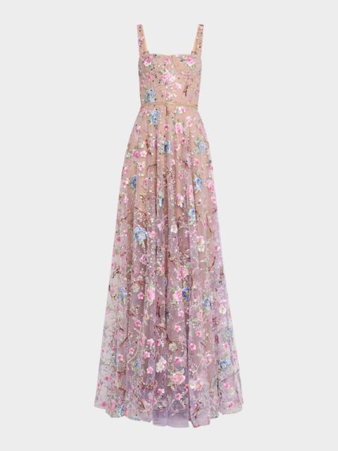 BRONX BANCO Midnight Floral-Embroidered Bead & Sequin Gown