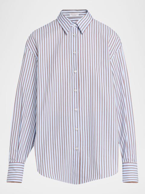 Brunello Cucinelli Monili-Trim Striped Cotton Poplin Button-Down Shirt