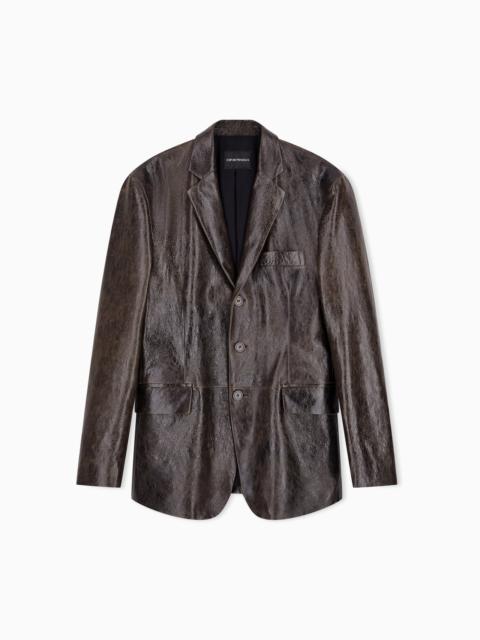 EMPORIO ARMANI BLAZER IN SHINY DRUMMED LEATHER WITH LOGO BUTTONS