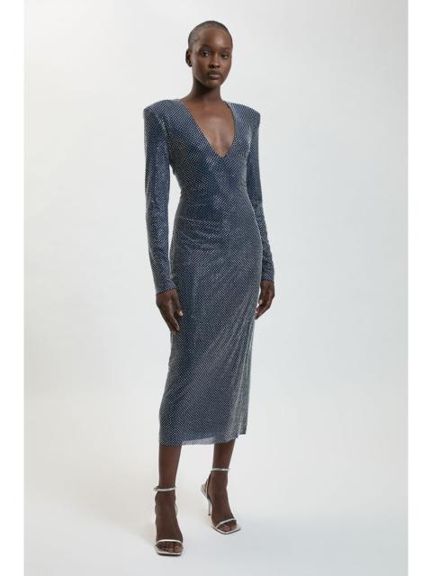 KAREN MILLEN Premium Crystal Embellished Long Sleeve Plunge Neck Midi Dress